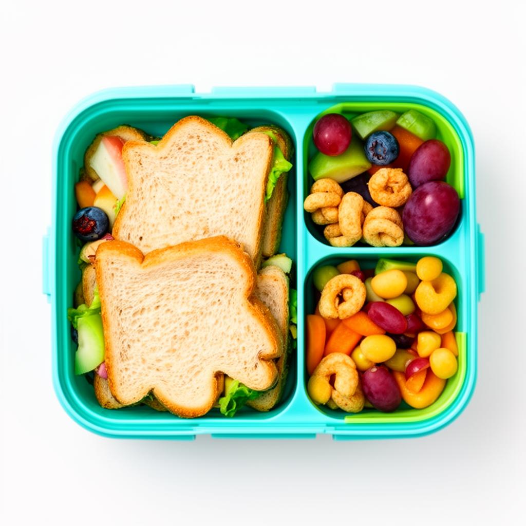 Lonchera saludable con sándwich, frutas y snacks coloridos